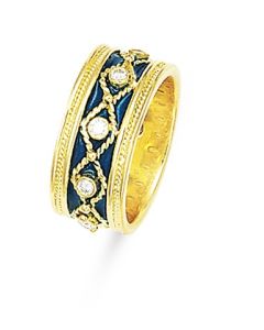 Byzantine Etruscan 18 K Gold Blue Enamel & Diamond Ring 21831123