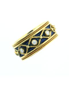 Byzantine Etruscan 18 K Gold Blue Enamel Diamond Ring 25831123