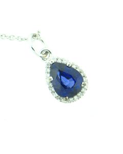 18K White Gold Diamonds And Pear Shape Sapphire Pendant