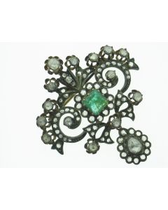 Vintage Old Mine Cut Diamonds And Emerald Brooch