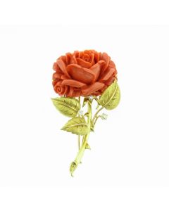 18K Gold Vintage Italian Carved Coral Rose Brooch