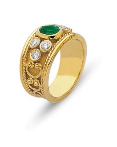 Byzantine Etruscan 18K Gold & Diamond Emerald Ring 25831262