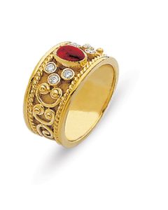 Byzantine Etruscan 18K Yellow Gold Ruby & Diamonds Ring 27131186