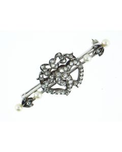 Victorian Old Mine Cut Diamonds Hearts and Pearls Brooch