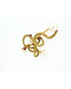 14K Gold And Rubies Pearls Brooch