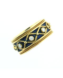 Etruscan 18 K Gold Blue Enamel Diamond Ring 25831123