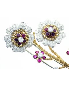 Vintage 18 K Gold Diamonds And Rubies Flowers European Craftsmanship Pin 72733