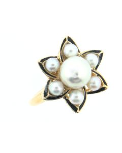14 K Gold Blue Enamel Ring with Pearls 99299214
